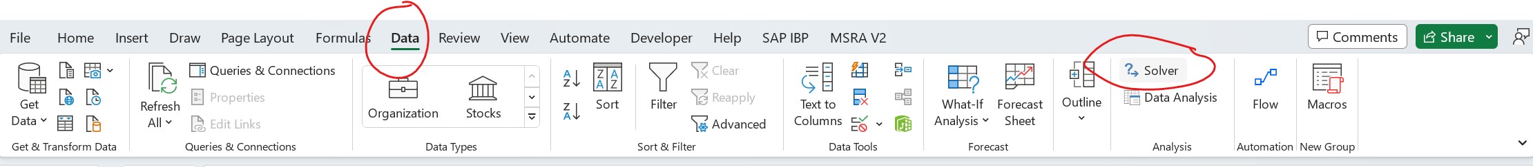 Screenshot of where to find “Solver” add in on the header bar