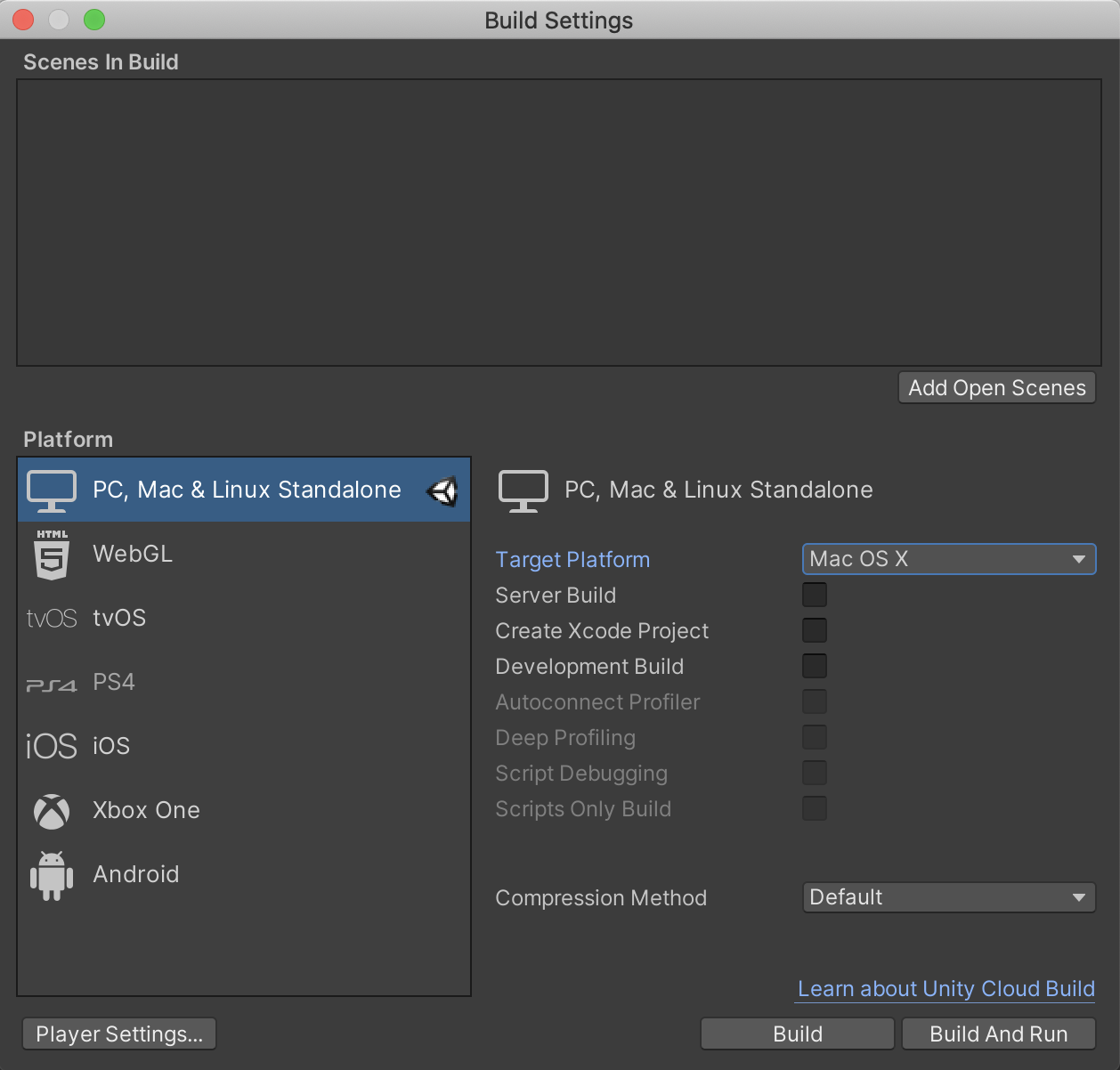 best biuld settings unity for mac os