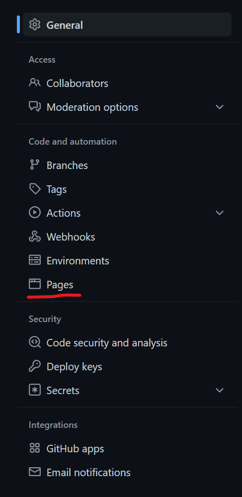 github pages section on page