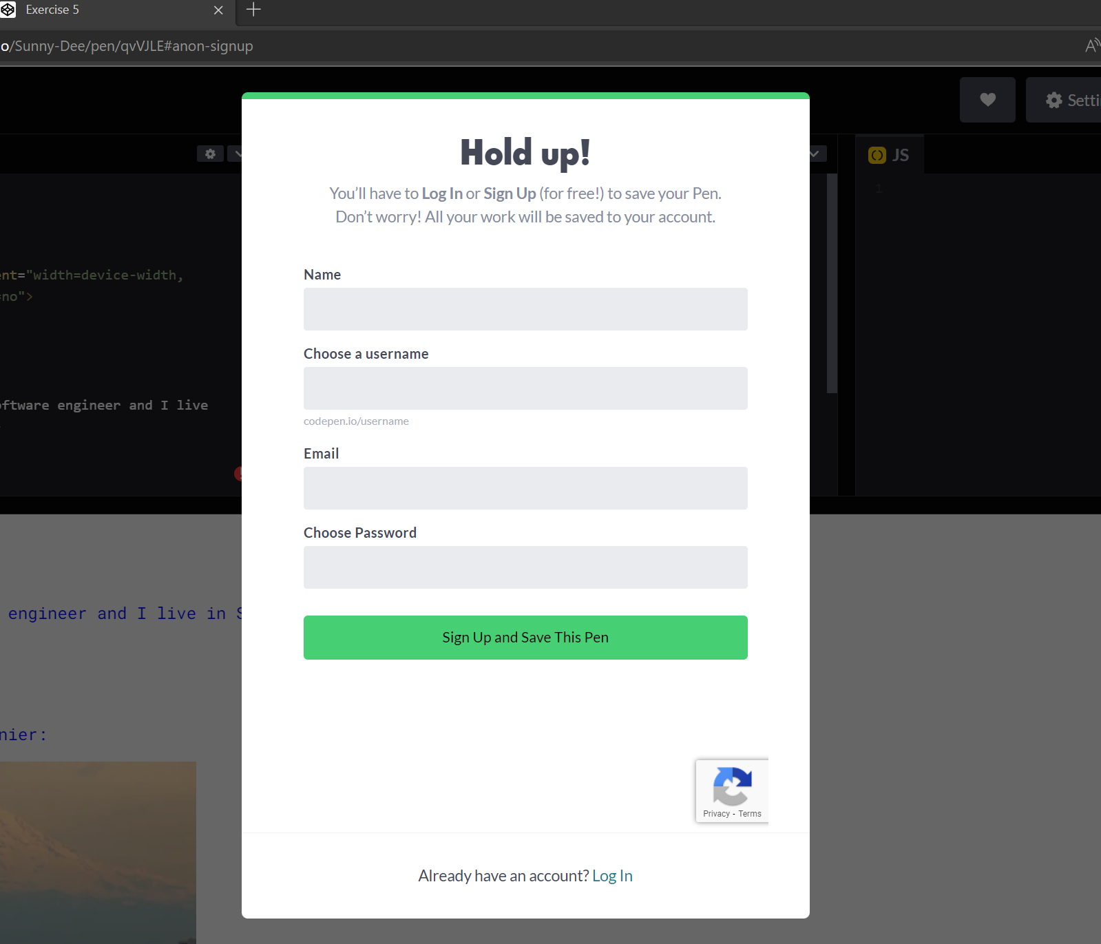 signing up for Codepen account